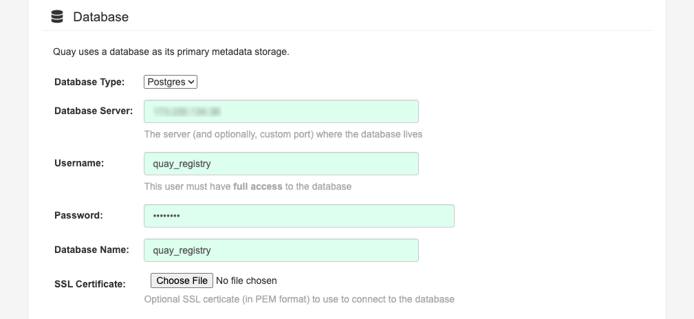 The Database section of the Project Quay setup screen.