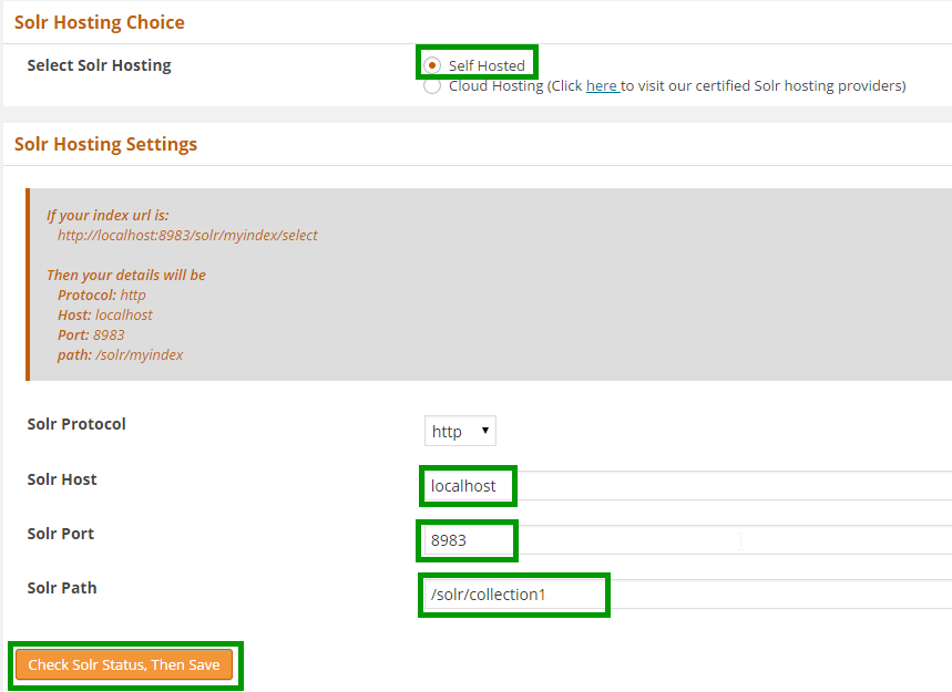 WPSolr self hosting settings